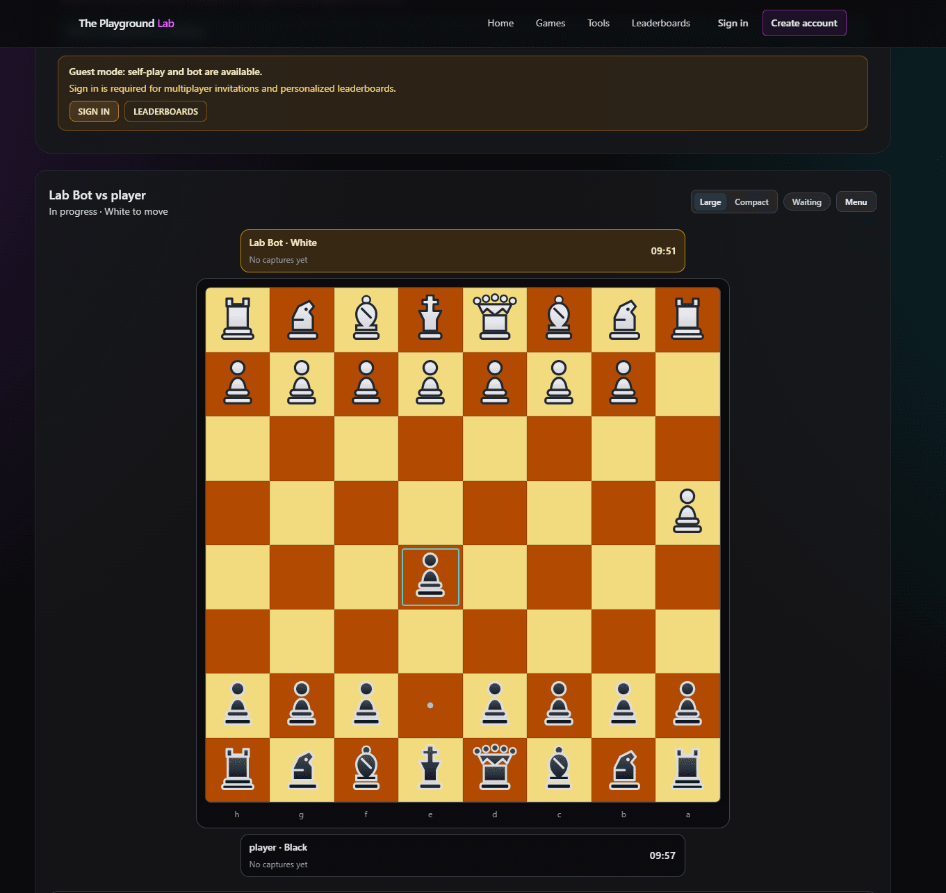 Playground Lab chess match with board, clocks, and move history